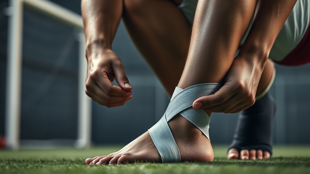 축구 경기 전 발목 부상 방지를 위해 꼼꼼하게 스포츠 테이핑을 적용하고 있는 선수의 모습