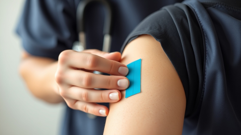 깨끗한 피부에 스포츠 테이프를 조심스럽게 부착하는 모습