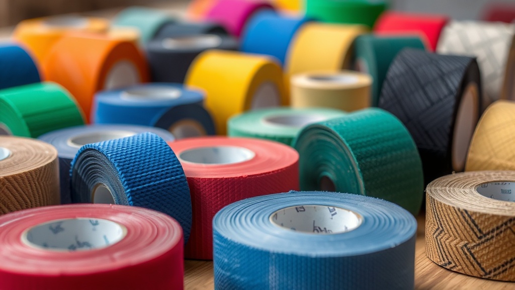 테이블 위에 놓인 다양한 색상과 재질의 스포츠 테이프들을 비교하며 살펴보는 모습